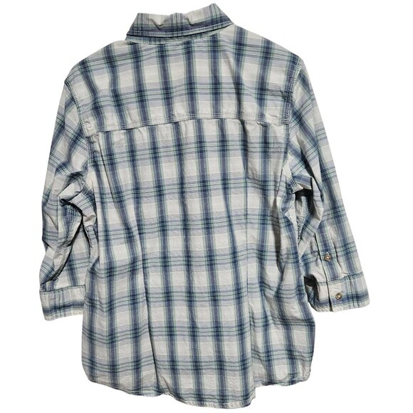 Carhartt Button Front Shirt Womens Size Large Blue White Plaid Roll-Tab Sleeves - Picture 2 of 9